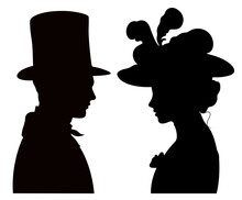 Silhouette Profile Portrait Of Victorian Woman And Man Facing Each Other. Young Couple Eye To Eye In Historical Clothing. 
