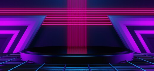 gaming background abstract wallpaper, cyberpunk style scifi game, neon glow of stage scene in pedestal room, 3d illustration rendering, esports team concept