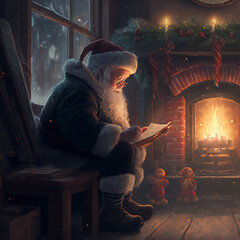 Wall Mural - santa claus reading letters from boys at christmas