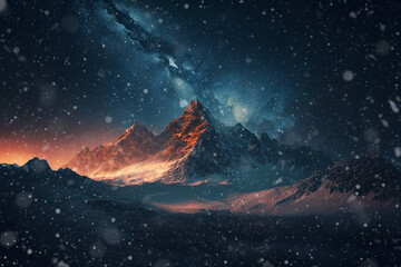 Wall Mural - amazing big mountains with starry sky at sunset with snow in winter holidays.