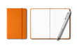 Orange closed and open notebooks with a pen isolated on transparent background