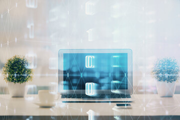 Poster - Double exposure of table with computer on background and data theme drawing. Concept of innovation.