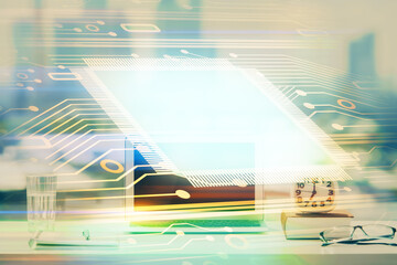 Aufkleber - Multi exposure of table with computer on background and data theme drawing. Concept of innovation.