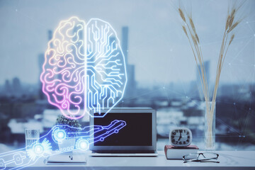 Poster - Double exposure of desktop with computer and brain drawing hologram. Artificial intelligence concept.