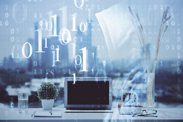 Poster - Multi exposure of table with computer on background and data theme drawing. Concept of innovation.