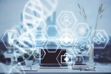 Poster - Desktop computer background and DNA drawing. Double exposure. Science concept.
