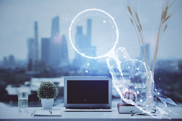 Poster - Desktop computer background in office and start up theme hologram drawing. Double exposure. Startup concept.