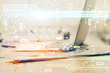 Poster - Double exposure of desktop with personal computer on background and tech theme drawing. Concept of data analysis.