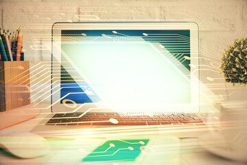 Poster - Double exposure of desktop with personal computer on background and tech theme drawing. Concept of Bigdata.