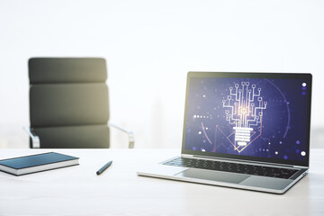 Aufkleber - Creative light bulb with chip hologram on modern laptop monitor, artificial Intelligence and neural networks concept. 3D Rendering