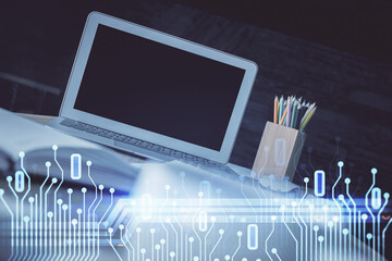 Poster - Double exposure of desktop computer and technology theme hologram. Concept of software development.