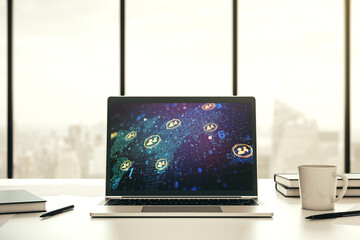 Poster - Modern computer screen with social network icons concept and world map. Networking concept. 3D Rendering