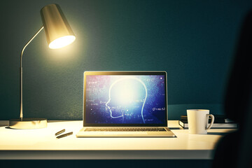 Poster - Creative artificial Intelligence concept with human head sketch on modern computer monitor. 3D Rendering