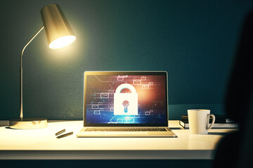 Poster - Creative lock sketch with email symbols hologram on modern laptop monitor, protection of personal data concept. 3D Rendering