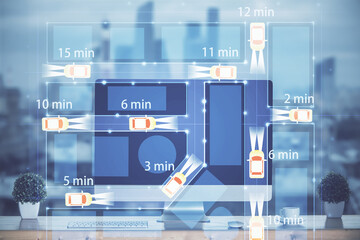 Poster - Desktop computer background in office with automobile hologram drawing. Multi exposure. Tech concept.