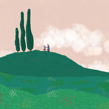 Vector Illustration Of Senior Couple Holding Hands On Grassy Hill