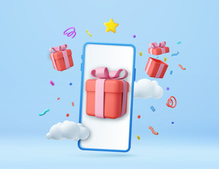 Wall Mural - 3d Phone, box, app, fortune. Gift-opening, sharing gifts online, greeting cards, guest invitation, unpacking present.