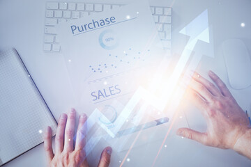 Aufkleber - Businessman with creative business upward arrows on people hands background. Financial growth concept. Multi exposure.