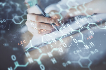 Poster - Science formula hologram over woman's hands taking notes background. Concept of study. Double exposure