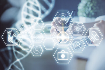 Poster - DNA theme hologram over woman's hands writing background. Concept of education. Double exposure