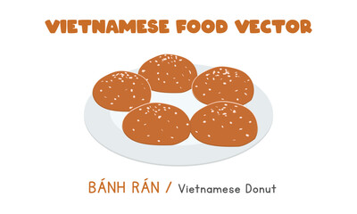 Vietnamese donut, Fried Snack Pastry - Banh Ran flat vector design, clipart cartoon style. Asian food. Vietnamese cuisine. Vietnamese tasty street food