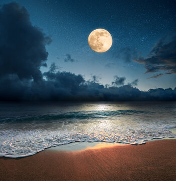 Fototapete - Sandy beach and moon at night