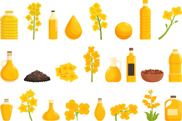 Rapeseed icons set cartoon vector. Canola flower. Rapa food