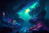Fototapeta Do akwarium - Underwater world scene. Coral reef and sun ray shining through clean ocean water. (Created with Generative AI technology)