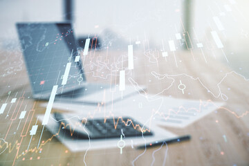 Poster - Double exposure of abstract creative financial diagram and world map on calculator and pc background, banking and accounting concept