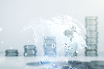 Aufkleber - Multi exposure of abstract software development hologram and world map on growing stacks of coins background, global research and analytics concept