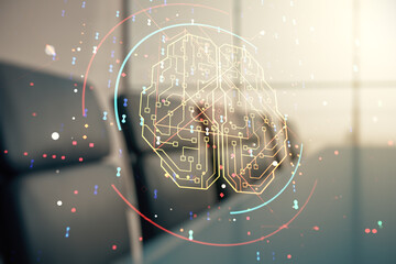 Poster - Double exposure of creative human brain microcircuit hologram on a modern boardroom background. Future technology and AI concept