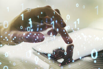 Aufkleber - Creative abstract binary code hologram and finger presses on a digital tablet on background, AI and machine learning concept. Multiexposure