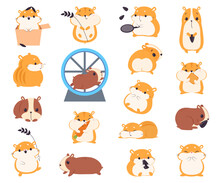 Cute Hamster Character With Stout Body Engaged In Different Activity Big Vector Set