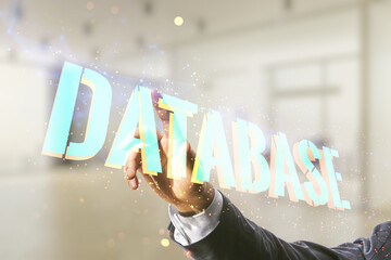 Aufkleber - Double exposure of male hand presses on creative Database word hologram on blurred office background, research and development concept