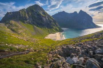 Wall Mural - beautiful sunset at kvalvika beach on the lofoten islands in norway