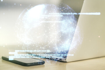 Aufkleber - Double exposure of abstract creative programming illustration with world map on computer background, big data and blockchain concept