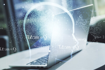 Aufkleber - Creative artificial Intelligence concept with human head hologram on modern laptop background. Multiexposure