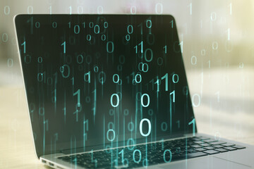 Aufkleber - Creative abstract binary code hologram on modern computer background, AI and machine learning concept. Multiexposure