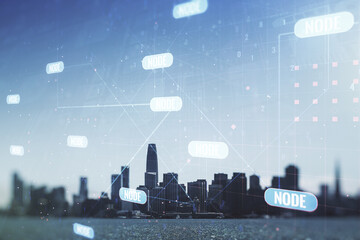 Aufkleber - Double exposure of abstract programming language interface on San Francisco city skyscrapers background, research and development concept