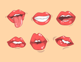 Wall Mural - Upper and Lower Lips of Mouth Curving in Different Gestures Vector Set