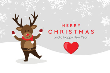 Sticker - christmas greeting card with cute deer on snowy background