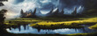 Painting of the panorama of the fantasy landscape depicts a valey and mountains bathed in the soft light of morning.
