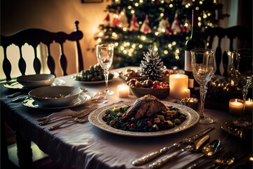  Festive Christmas Dinner Table, Winter Holidays Decorations and Food With Drinks and Candles Generative AI