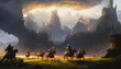 Painting of a knights on horseback in a fantasy landscape, charging onto the battlefield.