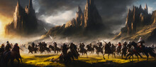 Painting Of A Knights On Horseback In A Fantasy Landscape, Charging Onto The Battlefield.Generative AI
