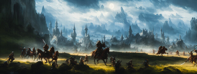 Wall Mural - Painting of a knights on horseback in a fantasy landscape, charging onto the battlefield.Generative AI