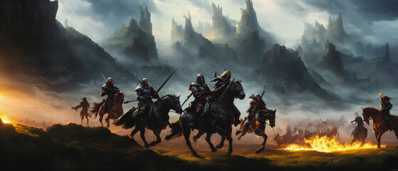 Wall Mural - Painting of a knights on horseback in a fantasy landscape, charging onto the battlefield.