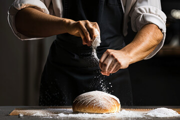 photography of a person sprinkling flour onto a loaf of bread - AI Generated