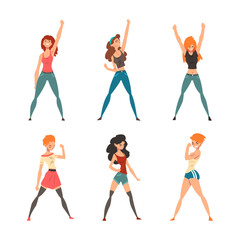 Sticker - Young Woman Standing in Brave Pose Feeling Strength and Power Vector Set