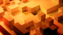Neatly Arranged Glossy Cubes. Orange And Yellow, Contemporary Tech Wallpaper. 3D Render.